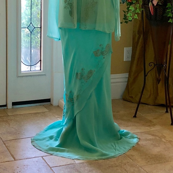 Silk Slip Dress in Tiffany Blue with Sheer Jacket Beaded Size 8 by Scala - Picture 6 of 16